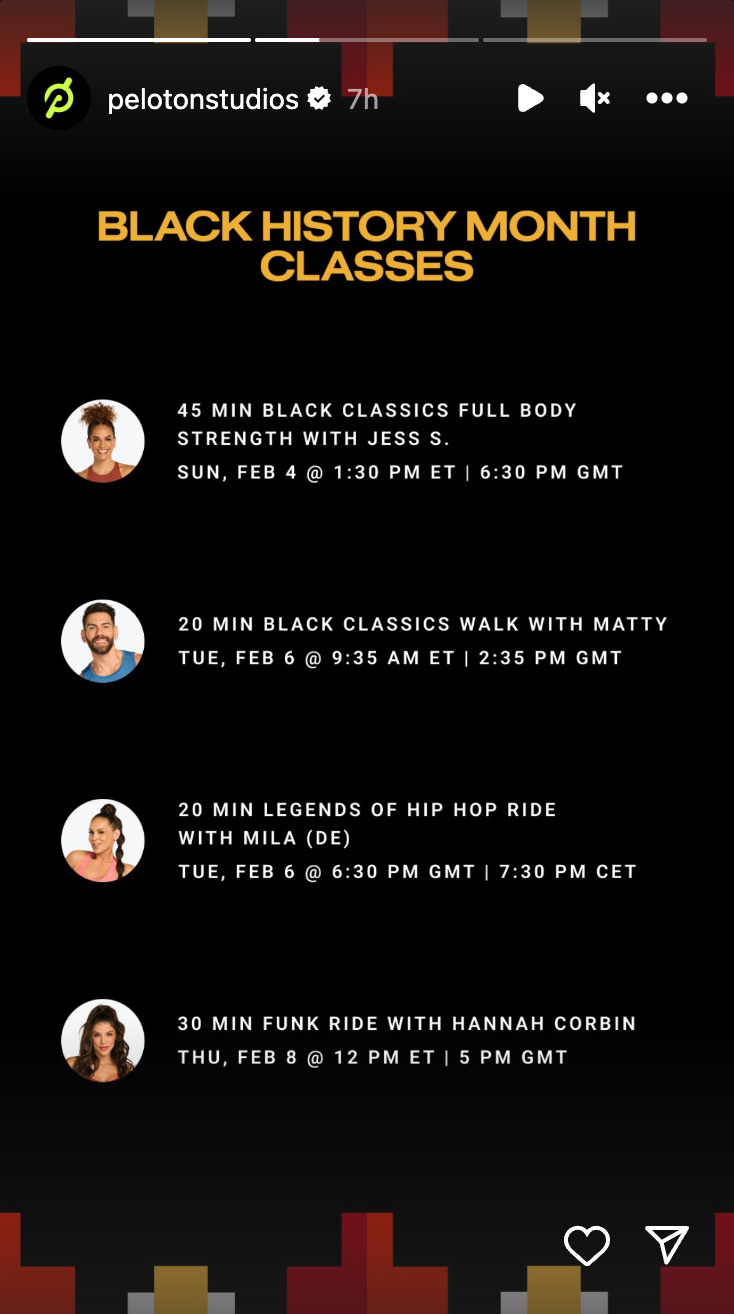 Peloton 2024 BHM classes. Image credit Peloton social media.